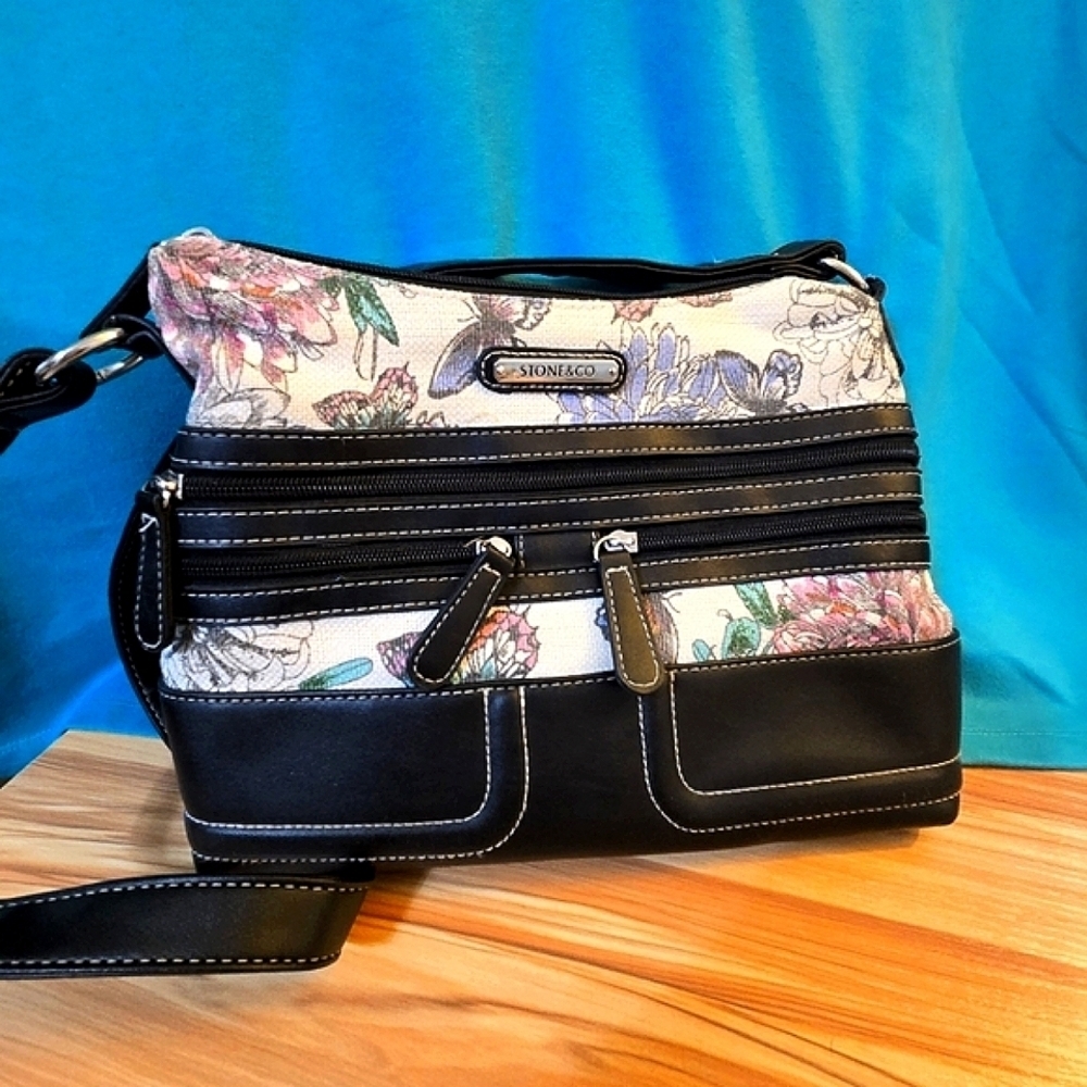 Stone & Co. Shoulder Bag Colorful Butterflies Black Trim Zipper Pockets Purse